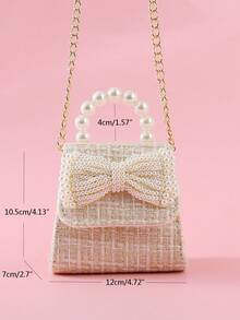 1pc Mini Cute Kids' Pearl Handbag, Girls' Fashionable Pearl & Bowknot Detail Crossbody Bag For Snacks And Coins, Princess Accessories - Beige - View 3