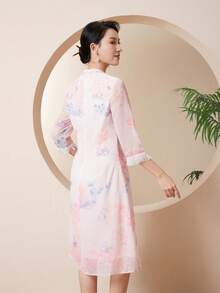 Floral Print Fringe Trim Qipao Dress - Pink - View 2