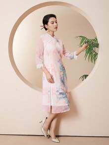 Floral Print Fringe Trim Qipao Dress - Pink - View 3
