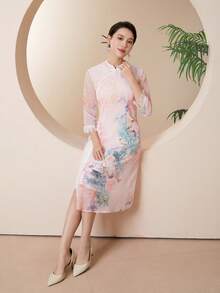 Floral Print Fringe Trim Qipao Dress - Pink - View 4
