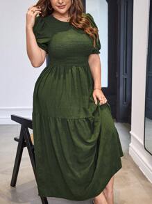 SHEIN LUNE Vestido unicolor bajo con fruncido - Verde militar - Ver 1