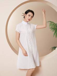 小高領拼接水溶蕾絲洋裝 - 白色 - 查看 3