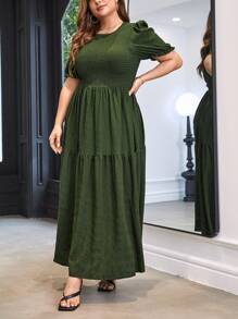 SHEIN LUNE Vestido unicolor bajo con fruncido - Verde militar - Ver 4