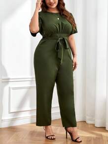 SHEIN Privé Plus Solid Belted Jumpsuit - Army Green - View 3