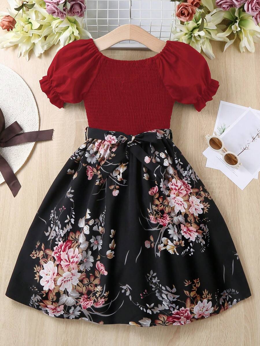 SHEIN Đầm Gái viền lá sen Dải chun Khối Màu Hoa Giải trí - Nhiều màu - Xem 1