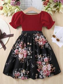 SHEIN Đầm Gái viền lá sen Dải chun Khối Màu Hoa Giải trí - Nhiều màu - Xem 2