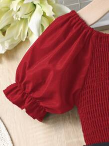 SHEIN Đầm Gái viền lá sen Dải chun Khối Màu Hoa Giải trí - Nhiều màu - Xem 4