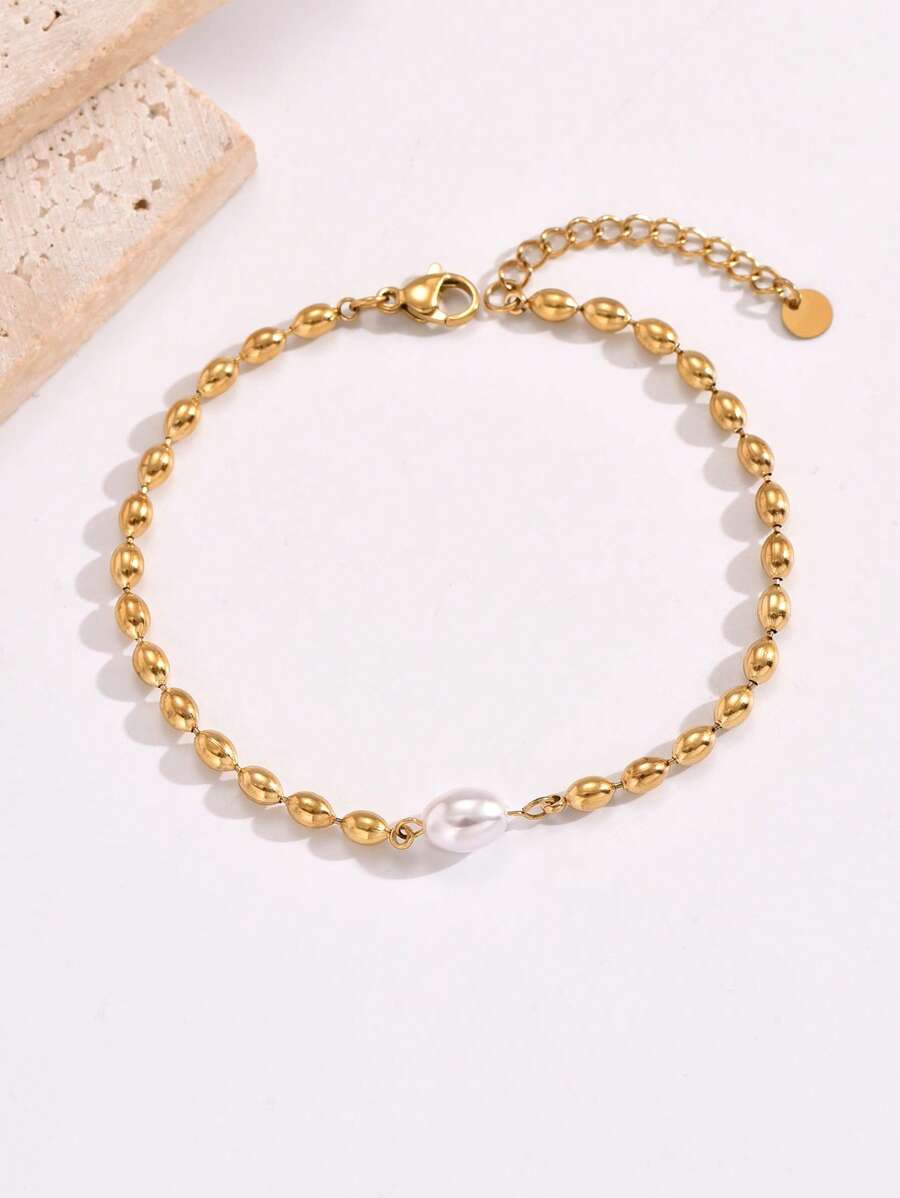 1入組時尚不銹鋼珍珠和珠子裝飾手環適合女士日常裝飾 - 金黃色 - 查看 1