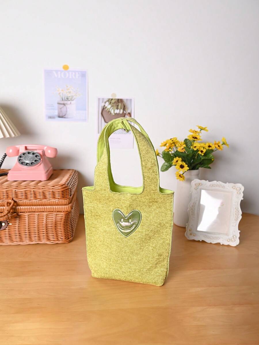 Metoo Tiramitu 1pc Minimalist Mustard Yellow Yarn Cloth Heart Shaped Smiling Hedgehog Pattern Handbag - Mustard Yellow - View 1