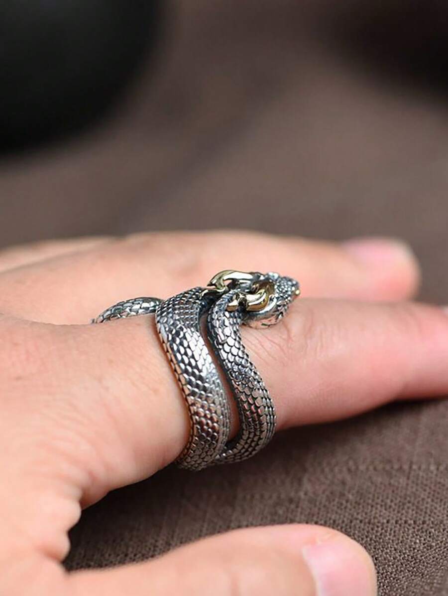 1入組前衛鋅合金蛇設計戒指適合女士日常裝飾 - 復古銀色 - 查看 1