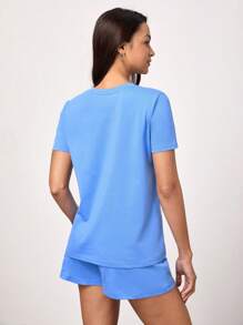 SHEIN BASICS 純色t恤和運動短褲套裝 - 淺藍色 - 查看 2