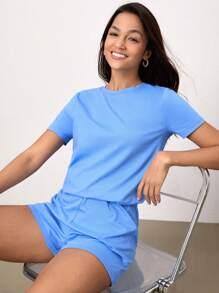 SHEIN BASICS 純色t恤和運動短褲套裝 - 淺藍色 - 查看 3