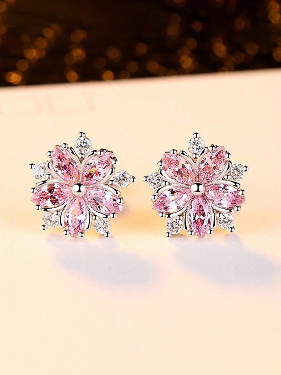 1pair Glamorous Cubic Zirconia Flower Stud Earrings For Women For Gift Valentines - Pink - View 1