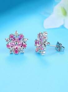1pair Glamorous Cubic Zirconia Flower Stud Earrings For Women For Gift Valentines - Pink - View 2