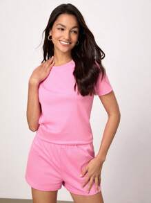 SHEIN BASICS Solid Round Neck Short Sleeve Tee & Shorts