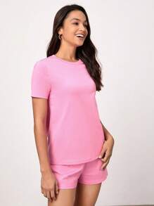 SHEIN BASICS Solid Round Neck Short Sleeve Tee & Shorts