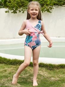 Traje de baño de una pieza con nudo lateral con estampado tropical para niñas pequeñas de 1 pieza - Multicolor - Ver 7