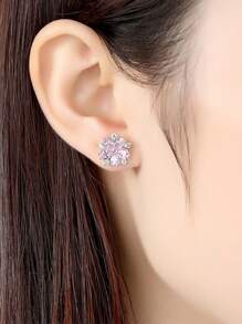 1pair Glamorous Cubic Zirconia Flower Stud Earrings For Women For Gift Valentines - Pink - View 3