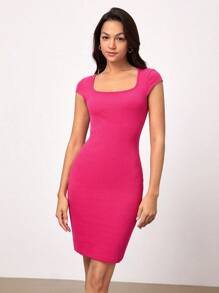 SHEIN BASICS 方領素色緊身洋裝 - 玫紅色 - 查看 3