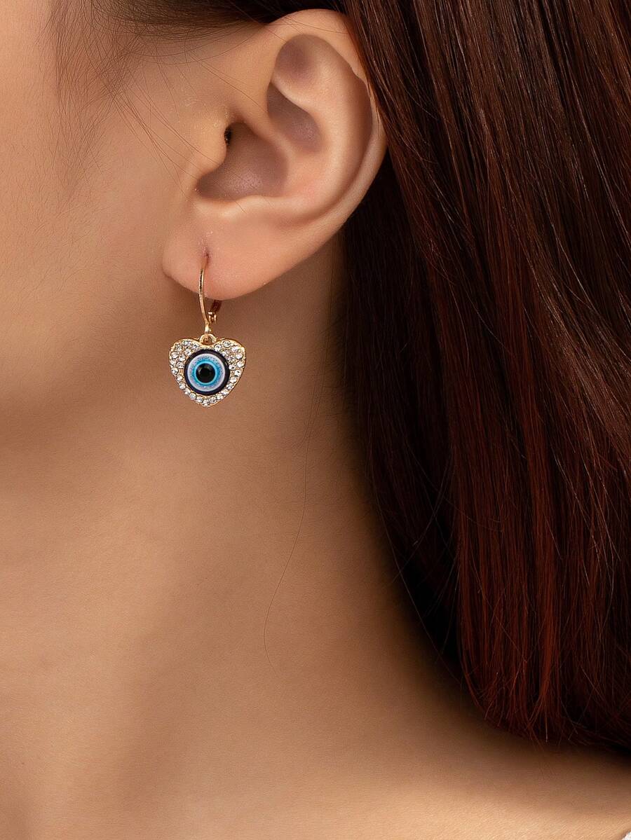 1對時尚邪惡之眼和水鑽心形耳墜適合女士日常裝飾 - 金黃色 - 查看 1