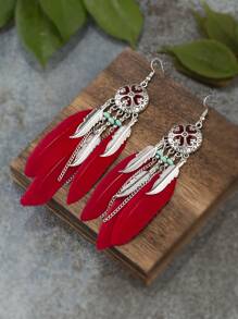 1对时尚羽毛串珠吊坠耳环，适合女性日常佩戴 - 彩色 - 查看 1