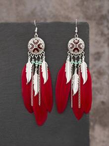 1对时尚羽毛串珠吊坠耳环，适合女性日常佩戴 - 彩色 - 查看 5