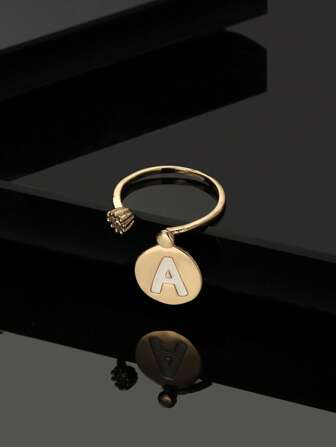 1 对时尚简约情人节礼物金色字母和方晶锆石细节女士戒指、妈妈、母亲、母亲节、礼物