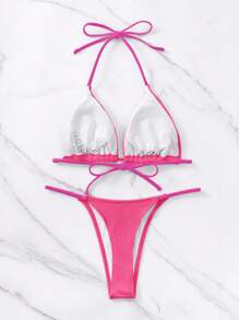 SHEIN Swim Bañador bikini triángulo halter liso - Rosa Fucsia - Ver 6