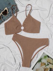 SHEIN Swim 夏季海灘環鏈連體胸衣泳裝套裝，含泳衣底褲 - 卡其色 - 查看 4