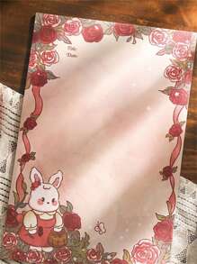 MR.PAPER 50pcs Rose & Cartoon Rabbit Pattern Paper, Cute Multi-purpose Paper For Writing Letter, Hand Account, Painting - Red - View 1