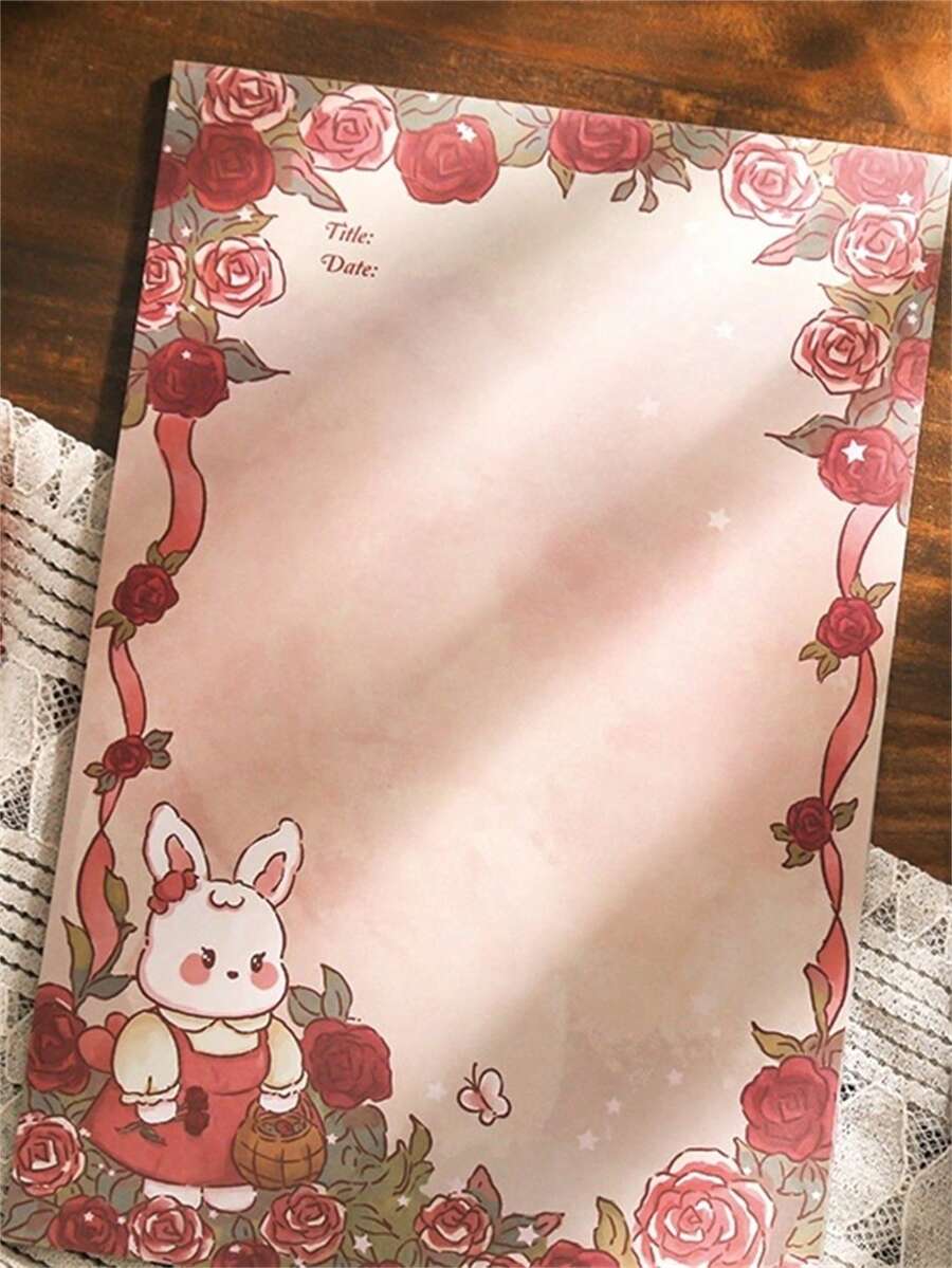 MR.PAPER 50pcs Rose & Cartoon Rabbit Pattern Paper, Cute Multi-purpose Paper For Writing Letter, Hand Account, Painting - Red - View 1