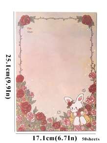 MR.PAPER 50pcs Rose & Cartoon Rabbit Pattern Paper, Cute Multi-purpose Paper For Writing Letter, Hand Account, Painting - Red - View 2