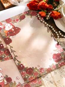 MR.PAPER 50pcs Rose & Cartoon Rabbit Pattern Paper, Cute Multi-purpose Paper For Writing Letter, Hand Account, Painting - Red - View 4