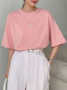 DAZY Letter & Cherry Embroidery Drop Shoulder Tee