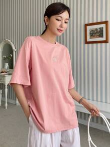DAZY Letter & Cherry Embroidery Drop Shoulder Tee