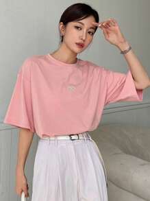 DAZY Letter & Cherry Embroidery Drop Shoulder Tee