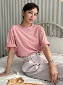 DAZY Letter & Cherry Embroidery Drop Shoulder Tee