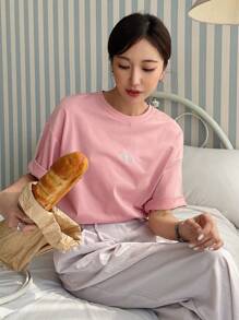 DAZY Letter & Cherry Embroidery Drop Shoulder Tee