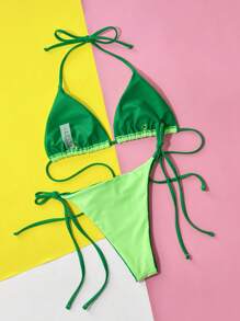 Swim SXY Summer Beach Contrast Binding Halter Triangle Bikini Set - Lime Green - View 2