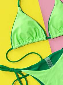 Swim SXY Summer Beach Contrast Binding Halter Triangle Bikini Set - Lime Green - View 3