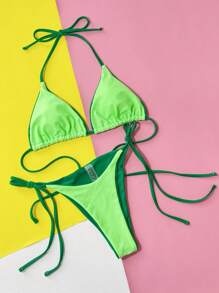 Swim SXY Summer Beach Contrast Binding Halter Triangle Bikini Set - Lime Green - View 4