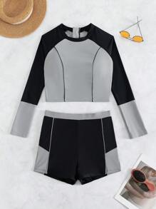 Colorblock High Neck Shorts Rashguard Summer Beach - Multicolor - View 3