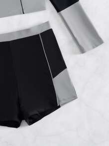 Colorblock High Neck Shorts Rashguard Summer Beach - Multicolor - View 5