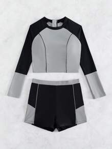 Colorblock High Neck Shorts Rashguard Summer Beach - Multicolor - View 6