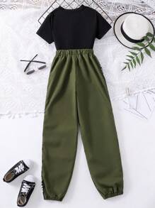 SHEIN 青少年女孩字母圖案T恤和翻蓋口袋長褲 - 彩色 - 查看 2