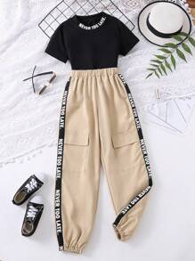 Teen Girls Letter Graphic Tee & Flap Pocket Trousers - Multicolor - View 1