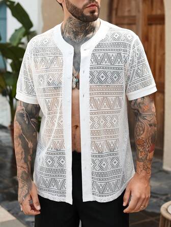 Manfinity Chillmode Men Geo Button Up Sheer Shirt