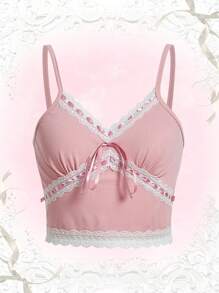 SHEIN Unity 蕾絲拼接羅紋吊帶上衣 - 粉色 - 查看 1