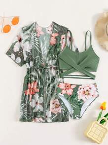 Tween Girl Tropical Print Crisscross Bikini Set With Kimono Summer Beach - Green - View 1