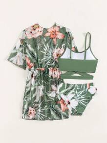 Tween Girl Tropical Print Crisscross Bikini Set With Kimono Summer Beach - Green - View 2